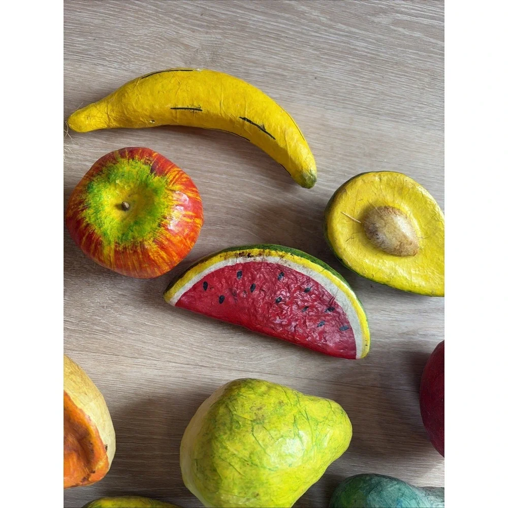 Vintage Paper Mache Fruit‎ And Vegetables Set Of 16 Colorful And Funky + Basket